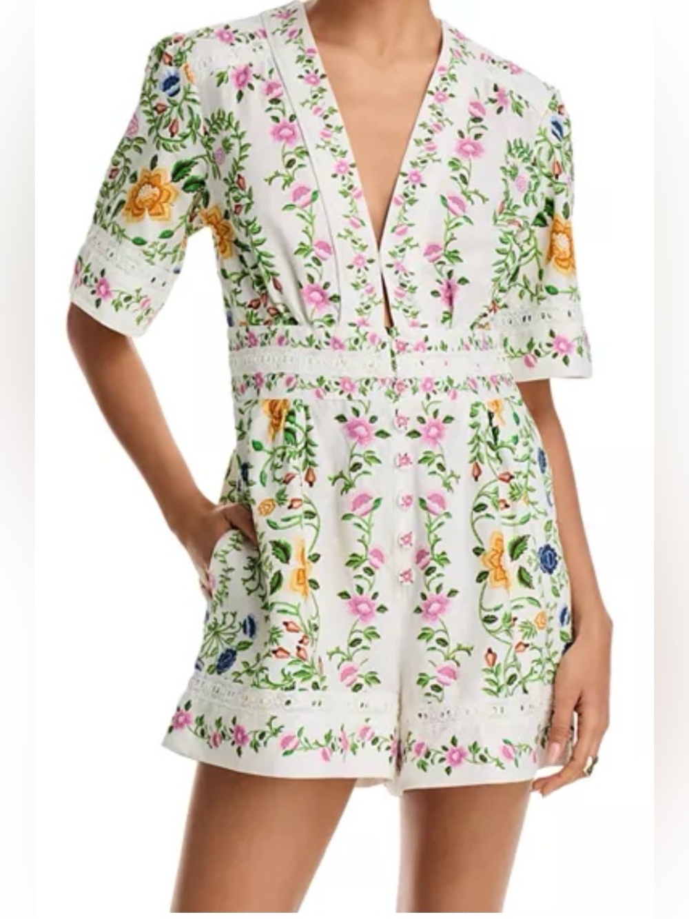 Farm Rio Folk Floral Romper | off-white | size: XL